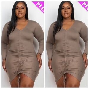NEW TRENDY PLUS SIZE TAUPE‎ RUCHED LONG SLEEVE DRESS